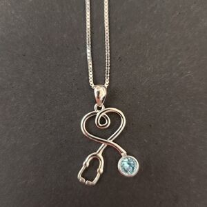 Sterling Silver Heart Stethoscope Pendant Necklace Aquamarine Swarovski Crystal